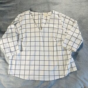 Plus Size 3X White Windowpane‎ Grid Blouse V Neck 3/4 Sleeve Workwear Top